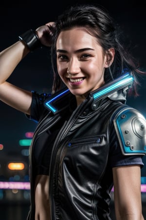 1 girl, sks woman, cyberpunk, neon city, night city, cyberware, cyberpunk outfit, close up, face, cyberware, mox, cyberarm, baseball bat, good lighting, cheeky smile, Ar1aAl3xander, cyberarm, augmentation, netrunner, cyberware on head