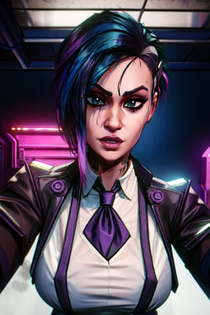 ,judyalvarez, cyberpunk,arcane style, clothed, sexy, badass, selife, suit, black suit, white shirt, bow tie, cyberpunk, future