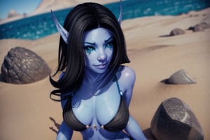 1 girl, blue skin elf ears, eye tattoos, black hair, magic, small boobs, desert, rocks, sand, sweating, walking, blue skys, mini bikini, sweating, wet skin, close up, smile, 