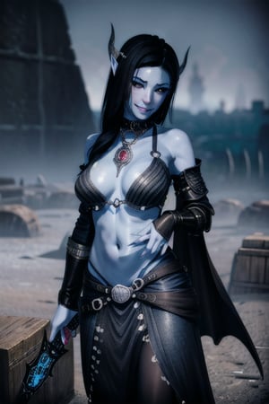 1 girl, blue skin elf ears, eye tattoos, black hair, magic, small boobs, , smile, cute, long black nails, wedding ring, collar, horns, ruined city, chains, enslaved soulsm destroyed city, ruins, dead wold, oblivion, blue magical sky, armor, black armor, daedra, demon, daedra, sword, monsters, giant chains, blue fire, large horns, large horn armor