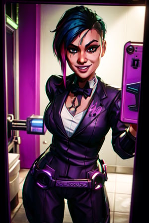 ,judyalvarez, cyberpunk,arcane style, clothed, sexy, badass, selife, suit, black suit, white shirt, bow tie, cyberpunk, future, happy, selife, for friend, girlfriend, close smile, bathroom, selife, bedroom, selife, sexy, 
