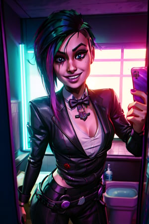 ,judyalvarez, cyberpunk,arcane style, clothed, sexy, badass, selife, suit, black suit, white shirt, bow tie, cyberpunk, future, happy, selife, for friend, girlfriend, close smile, bathroom, selife, bedroom, selife, sexy, 