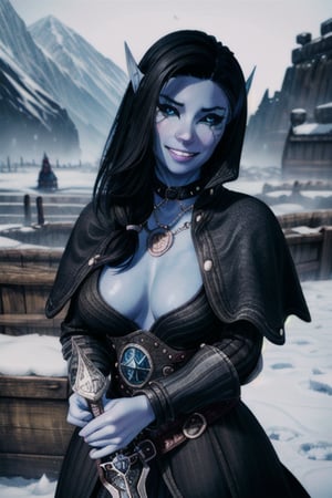 1 girl, blue skin, elf ears, looking at the viewer, eye tattoos, smile, nordic village, viking village, skyrim, snow, winter, sword, black hair, neckless, collar, facial percings,  half shaved head, cloak, daggers, magical_girl, naked, snow flakes, 