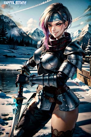 sword, weather, snow, ice, mountain, fury armor, fanastay armor, headband, shiled, sexy, battle, happy, smile, smirk, happy, badass