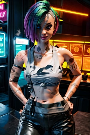 tattoo, tank top, neon, night city, character sheet, ,inboxDollPlaySetQuiron style,ActionFigureQuiron style