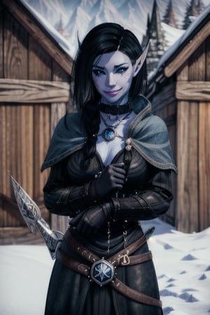 1 girl, blue skin, elf ears, looking at the viewer, eye tattoos, smile, nordic village, viking village, skyrim, snow, winter, sword, black hair, neckless, collar, facial percings,  half shaved head, cloak, daggers, magical_girl, naked, snow flakes