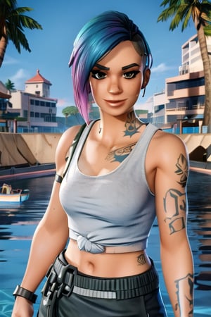1 female, tattoos, white tank top, sexy, selife, looking at viewer,fortnite, island, trees, buildings