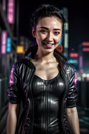 1 girl, sks woman, cyberpunk, neon city, night city, cyberware, cyberpunk outfit, close up, face, cyberware, mox, cyberarm, baseball bat, good lighting, cheeky smile, Ar1aAl3xander, cyberarm, augmentation, netrunner, cyberware on head