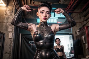 1 girl, small breasts, close up face, looking at viewer, open smile, fishnet bra septum piercing ,red lips, half shaved head, ear piercings, heavy make-up, heavy make-up, 3 metal fingers, cyber eye, cyberpunk outfit, cyberpunk tight leotard, giant tv screens turned on, sexy, hair, large wrist device computer, bathroom tiles, cyberpunk bedroom, cyberpunk furniture, Binary tattoo , bed room, bed, pillow, selife,