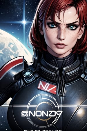 1 girl, Jane, armour, space background, close up, heroic pose, serious mood, N7, Hero, Commander Shepard, Earth, Space, The Moon, Reapers, Movie poster, poster, hero pose
