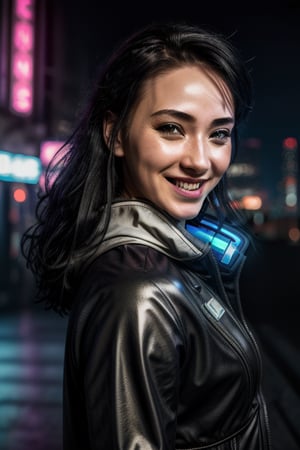 1 girl, sks woman, cyberpunk, neon city, night city, cyberware, cyberpunk outfit, close up, face, cyberware, mox, cyberarm, baseball bat, good lighting, cheeky smile, Ar1aAl3xander, cyberarm, augmentation, netrunner, cyberware on head