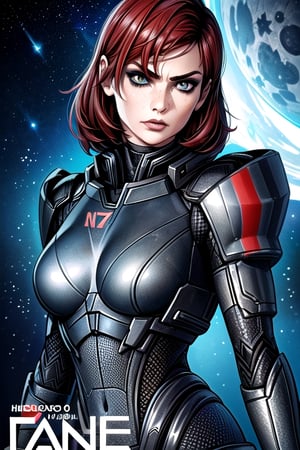 1 girl, Jane, armour, space background, close up, heroic pose, serious mood, N7, Hero, Commander Shepard, Earth, Space, The Moon, Reapers, Movie poster, poster, hero pose,Jane,photo of perfecteyes eyes, no text, 