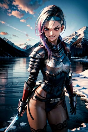 sword, weather, snow, ice, mountain, fury armor, headband, shiled, sexy, battle, happy, smile, smirk, happy, badass