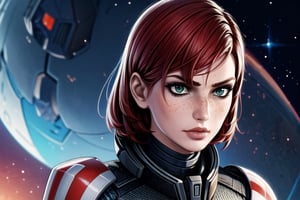 1 girl, Jane, armour, space background, close up, heroic pose, serious mood, N7, Hero, Commander Shepard, Earth, Space, The Moon, Reapers