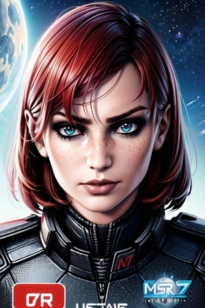 1 girl, Jane, armour, space background, close up, heroic pose, serious mood, N7, Hero, Commander Shepard, Earth, Space, The Moon, Reapers, Movie poster, poster, hero pose,Jane,photo of perfecteyes eyes, no text, 