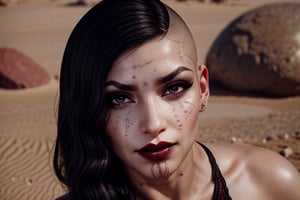 1 girl, small breasts, black hai, close up face, looking at viewer, open smile, fishnet bra septum piercing ,red lips, half shaved head, ear piercings, heavy make-up, heavy make-up, desert, sandy, desert rocks, sweaty, ,photo of perfecteyes eyes