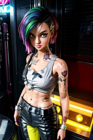 tattoo, tank top, neon, night city, character sheet, ,inboxDollPlaySetQuiron style,ActionFigureQuiron style