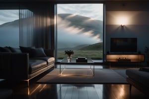 cinematic shot of modern and minimal living room, during twilight, dramatic lighting, moddy and misty environment, low contrast muted cool tones, shot on 500 mm anamorphic lens, with a extreme shallow depth of field, anamorphic lens flare, shrouded in atmospheric fog, cinematic masterpiece, film noir asthetic, movie still, 4k, hd, intricate details
