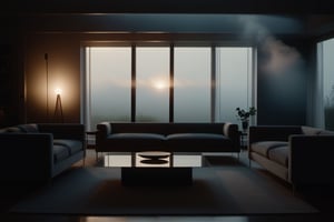 cinematic shot of modern and minimal living room, during twilight, dramatic lighting, moddy and misty environment, low contrast muted cool tones, shot on 500 mm anamorphic lens, with a extreme shallow depth of field, anamorphic lens flare, shrouded in atmospheric fog, cinematic masterpiece, film noir asthetic, movie still, 4k, hd, intricate details