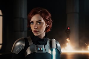  girl, photoreal , rule of thirds, dramatic lighting, dark bright red hair, short hair, detailed face, detailed nose, freckles, jedi temple background ,realism,realistic,raw,analog,woman,portrait,photorealistic,analog,realism, pale_skin_ green eyes, sexy, nose_pierced, star wars, full body, jedi robesl Star Wars, full body, lightsaber, at peace, stormtrooper, darth vader, darkness, jedi, wounded, full body, purple lightsaber, space, jedi, hero, mass effect, combat armour full body, gun, cut on lip, hero, the Empire, the darkside, full body, ready to fight, death awaits darth Vader fighting