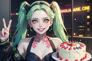 1 girl, party hat, celebrating, party, cyberpunk apartment, happy, cake, confetti, grinning, lose up, blonde hair, blue eyes, ,cprebecca, prebecca, colored skin, white skin, green hair, twintails, artificial eye, colored sclera, red sclera, night city, future cars, selife, ,colored skin,white skin,green hair,twintails
