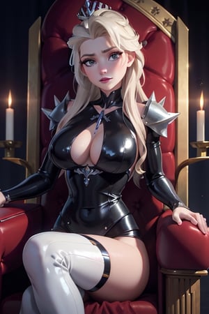 face, close up, eyes, naked, bdsm, body harness, close up latex suit. Elsa, , mistress, a dominant look, big boobs, crop in hand, hands, arms, cross, armour, sword, crown, sitting on a throne, spikey throne room, evil, darkness, evil smile, throne room, castle, comfy, sitting, queen