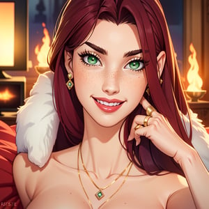 close up, torch, 1 girl, pale skin, red long hair, green eyes, freckles, smile, red lips, high-end apartment, gold, rich, wealthy, selfie, naked, bedroom, bed, tv, rich, long hair, necklaces, rings, diamond, earrings, 