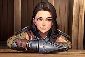 1 girl, close up, smile, close up, wooden walls, wooden pillars, Taven, table, tankard, armour, sword, 