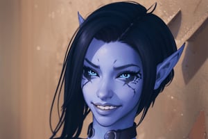 close up, 1 girl, blue skin, eye tattoos, Aria Bal, smile, elf ears, collar, smirk, wall background, hero pose,