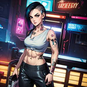 1 Judy, cyberpunk, sexy, tattoos, t-shirt, pants, close, abs,