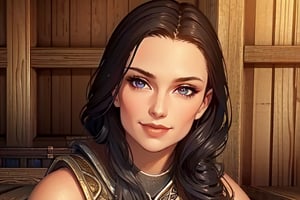 1 girl, close up, smile, close up, wooden walls, wooden pillars, Taven, table, tankard, armour, sword, paintings, torch, sword, inn, drinking, ale, mead, chairs, tables, music, open fire,photo of perfecteyes eyes