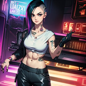 1 Judy, cyberpunk, sexy, tattoos, t-shirt, pants, close, abs,
