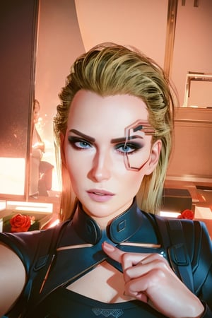 1 girl, close up, blonde hair, blue eyes, future apartment bedroom. bed,  selfie, sexy face, roses, petals, bed, wine, sexy, harness, date, bed, red sheets, black pillows, cyberpunk, fuutre