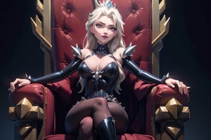 face, close up, eyes, naked, bdsm, body harness, close up latex suit. Elsa, , mistress, a dominant look, big boobs, crop in hand, hands, arms, cross, armour, sword, crown, sitting on a throne, spikey throne room, evil, darkness, evil smile, throne room, castle, comfy, sitting, queen