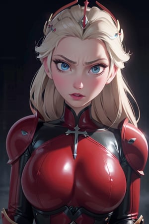 face, close up, eyes, close up latex suit. Elsa, , mistress, a dominant look, big boobs, crop in hand, hands, arms, cross, armour, sword, crown, mean expression,