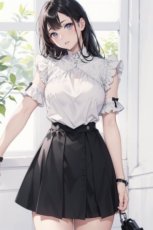 arafed woman in a white top and black skirt posing for a picture, high-waist-black-skirt, ( ivory black ), white and black clothing, detached sleeves, black and white clothes, frilly outfit, frill, white and black, cute top, detailed image, fancy top, black skirt, reluvy5213, white top