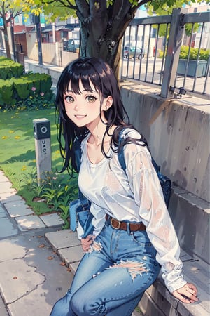 1girl, solo, long hair, looking at viewer, smile, shirt, black hair, long sleeves, outdoors, belt, pants, bag, grin, tree, denim, yellow shirt, jeans, realistic