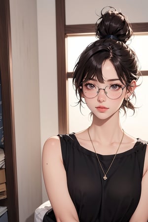 1girl, solo, long hair, looking at viewer, bangs, brown hair, jewelry, upper body, ponytail, glasses, sleeveless, indoors, mole, bracelet, lips, black-framed eyewear, realistic