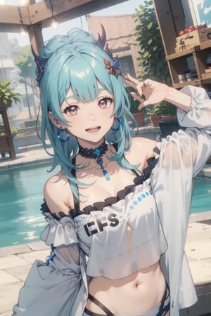 1girl, solo, looking at viewer, smile, open mouth, bangs, hair ornament, red eyes, navel, jewelry, blue hair, ahoge, earrings, choker, midriff, indoors, virtual youtuber, medium hair, off shoulder, crop top, cosplay, v, realistic