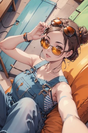 woman with large sunglasses and blue overalls squats next to colorful stripes, 1girl, selfie, solo, eyewear on head, overalls, sunglasses, hair bun, striped, looking at viewer, jewelry, realistic, brown eyes,girl,cute