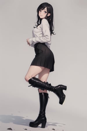 1girl, solo, long hair, smile, skirt, black hair, full body, boots, black footwear, high heels, sweater, sleeves past wrists, knee boots, high heel boots, realistic