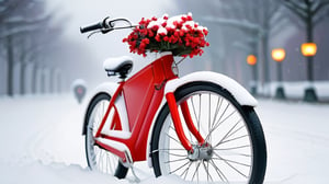 a futuristic red and white bicycle in the snow, no humans, flower, ground vehicle, bicycle, Christmas, scenery