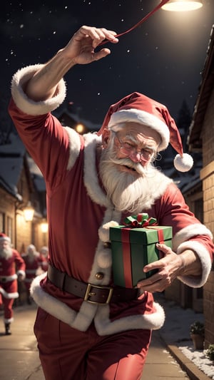 (santa claus) (running) with a gift, old, old man, male focus, hat, old man, solo, beard, christmas, gift, old, facial hair, night, santa hat, santa costume, house