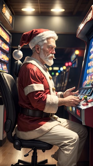 ((masterpiece)), (best quality), official art, extremely detailed CG, Vending Arcade Concept, (santa claus), santa costume, sitting, chair, playing japanese arcade machine, gaming arcade, scenery, monitor, outdoors,