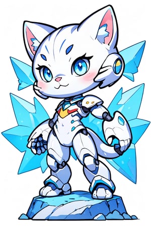 cartoon white cat standing on a blue base with a huge gem, blue eyes, solo, robot, white background, tail, :3