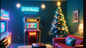 A cozy 1980s living room in the mountains, with Santa Claus listening to music on a cassette tape. The warm and integrated interior features a roaring fireplace, creating a soothing atmosphere. The room is adorned with a single neon light in the shape of a Christmas tree, and there is an oversized retro boombox alongside stacks of cassette tapes and retro arcade game cabinets. The decor includes neon Christmas decorations, adding a touch of festive charm to the scene. This retro living room with its cozy ambiance and nostalgic elements showcases the charm of 1980s bachelor pad, captured in a stunning neon photography style.,neon light