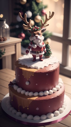 (masterpiece best quality:1.2) delicate illustration ultra-detailed, BREAK ((small mascot of Santa Claus & reindeer:1.2) on the Christmas cake), BREAK (pastry shop indoors), Christmas, /(small Christmas tree/)