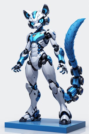 cartoon white civet standing on a blue base with looking at you, full mechanical armor body, blue eyes, solo, robot, white background, tail, :3,3DMM