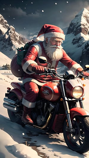 (santa claus) rides a (motorcycle) in a santa costume, deliver gift, old, old man, snow mountain view,zzfutbikzz