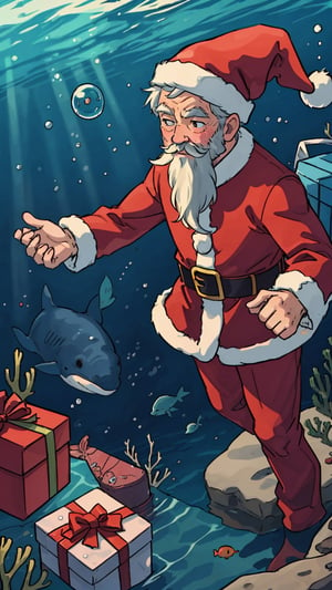 a (santa claus) ((swims)) with whales at the bottom of the sea in diving suit holding a presents in his hands, The surrounding bubbles slowly rise, Sunlight shines obliquely into the water, gift, underwater, sea, whale, fish, old, old man, hat, male focus, solo, santa hat, beard, facial hair, santa costume, christmas, box